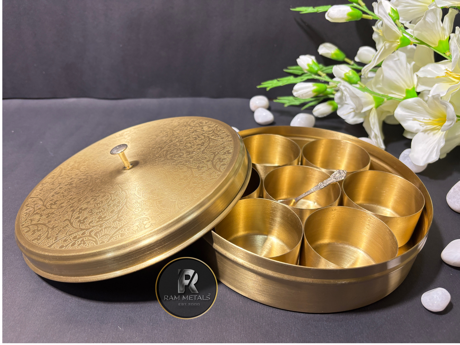 Premium Etching Brass Masala Box with Lid and Spice Containers - Handcrafted Brass Spice Storage Box Manufacturer in India